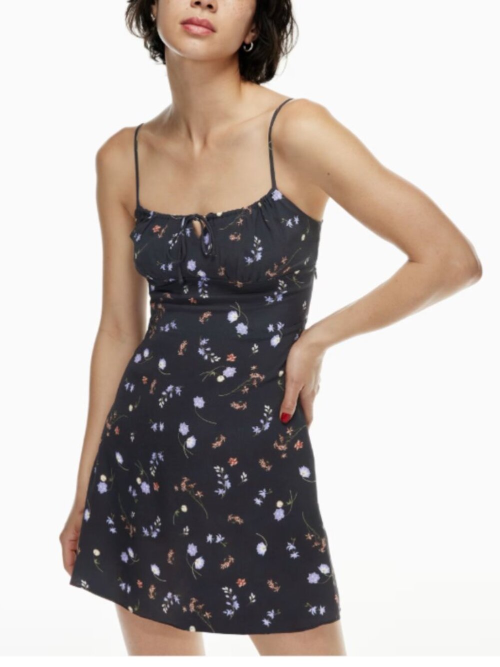 Aritzia Wilfred Bellow Mini Dress Floral Black Gather Front Tie Feminine Size 2